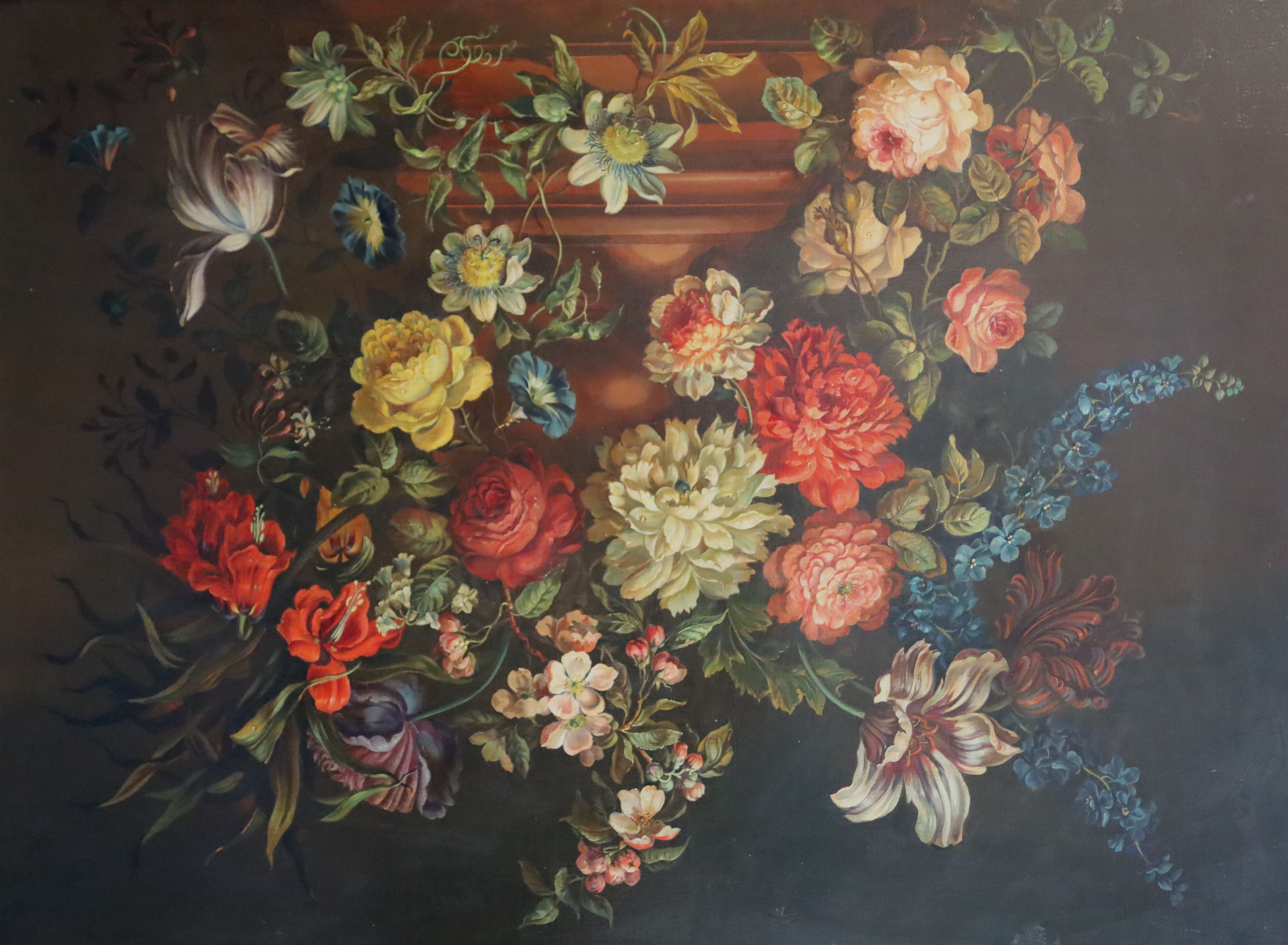 17th century Dutch style Still life of flowers in an urn upon pedestal 29.5 x 39.5in.